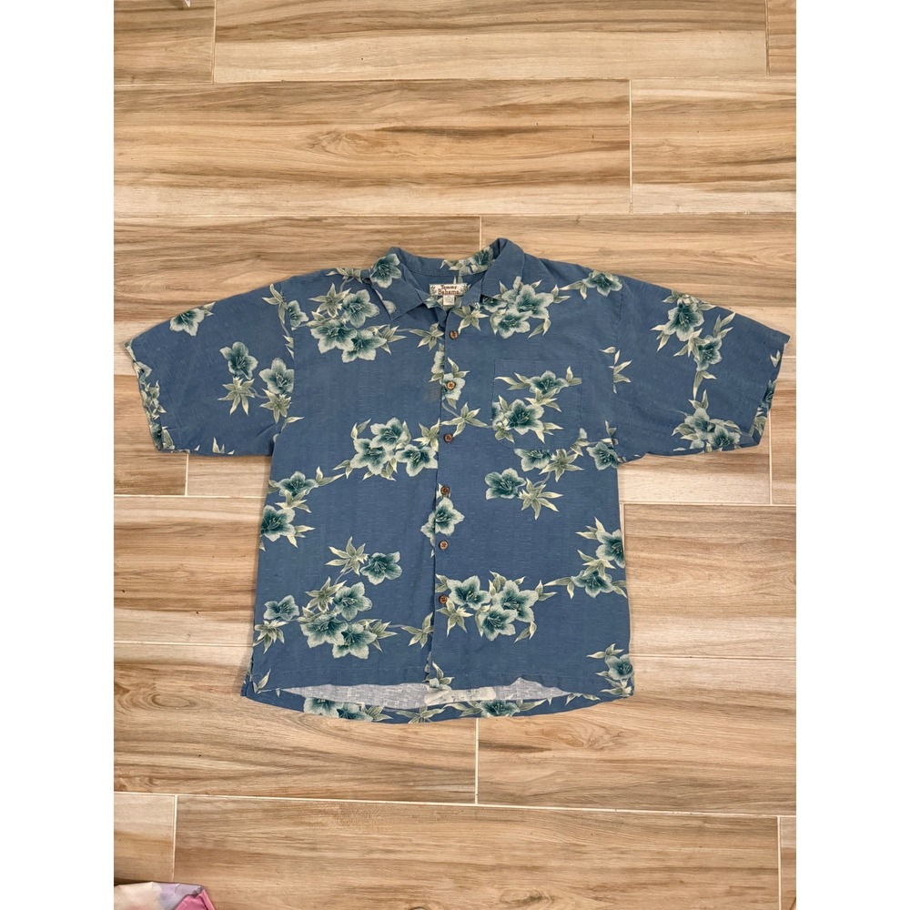 Tommy Bahama Mens XL Silk Floral Camp Shirt Blue Short Sleeve Tropical Button Up